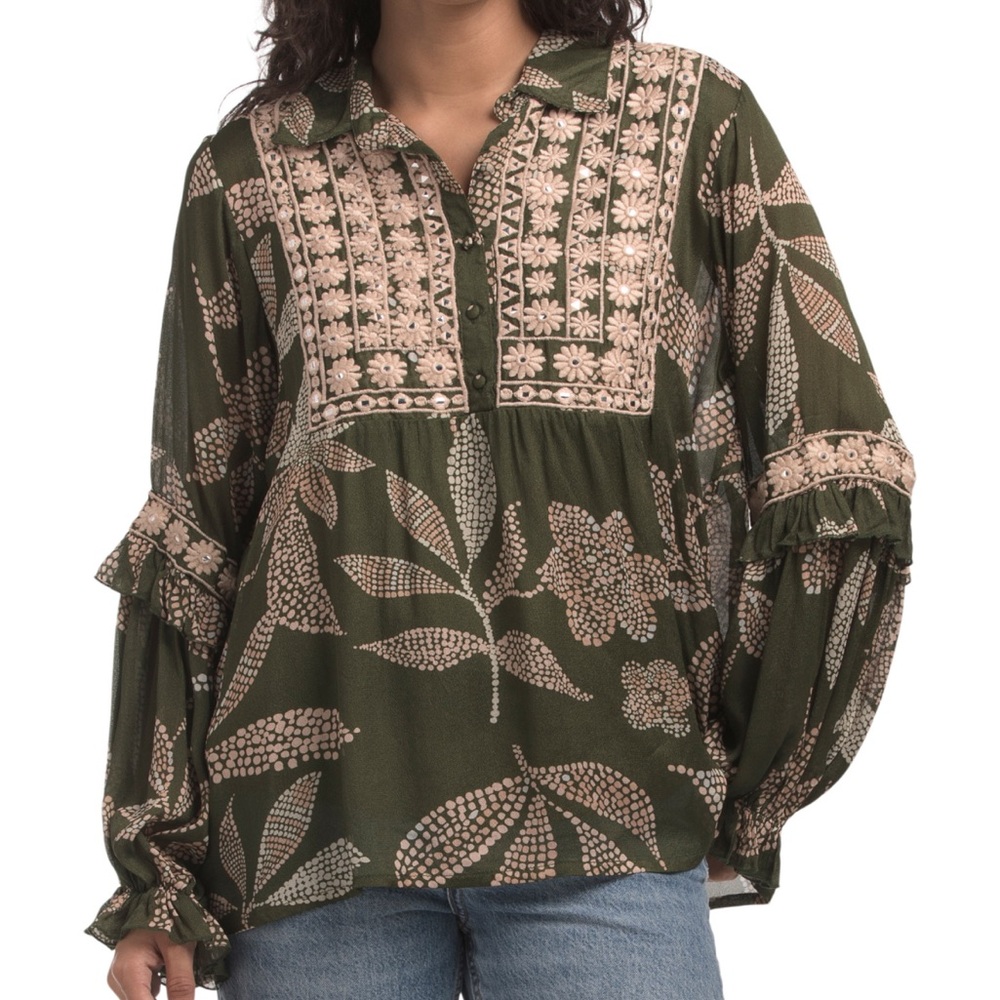 Boho Chic Olive Floral Blouse